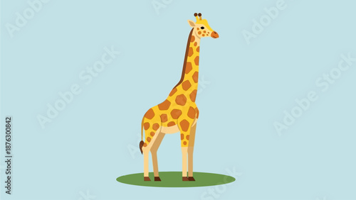 Stylized vector illustration of a giraffe with its iconic long neck and spotted pattern, standing on green grass against a light blue background