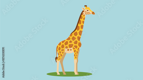 Vibrant illustration of a majestic wild giraffe standing gracefully on green grass, showcasing its distinctive long neck and spotted fur in a serene natural setting