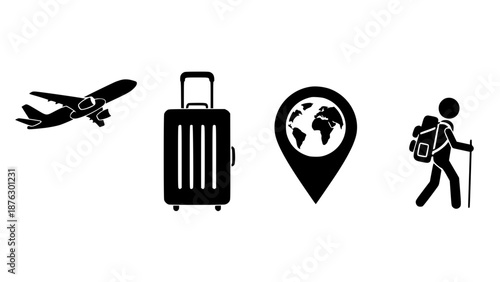Collection Of Minimalist Black Silhouette Icons Representing Various Aspects Of Travel Including Flying Luggage And Backpacking
