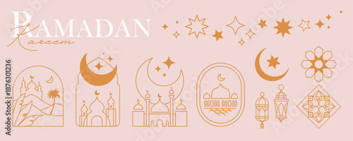 Ramadan kareem Eid Mubarak collection of elements for decoration and holiday design with icons or logos with mosques, moon, lanterns, stars, arabesques in line art style isolated on a background.