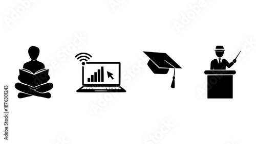 Collection Of Minimalist Black Silhouette Icons Representing Various Aspects Of Education Including Reading Online Learning And Graduation