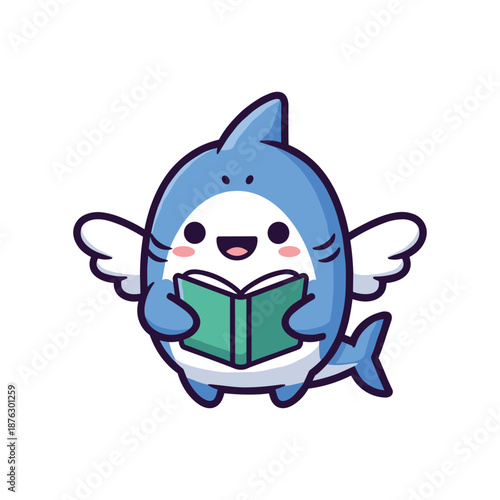Adorable Cartoon Shark Reading a Book Illustration
