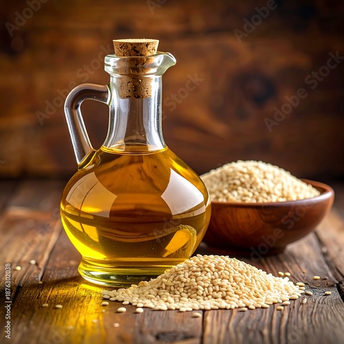 Golden liquid in glass decanter beside seeds in a bowl atop a rustic wooden surface