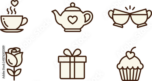  Set of 6 Valentine's Day 2026 Tea Mug Line Art Icons, Cute Coffee Cups with Heart Designs, Minimalist Red Outline Vector for Romantic Menu Design