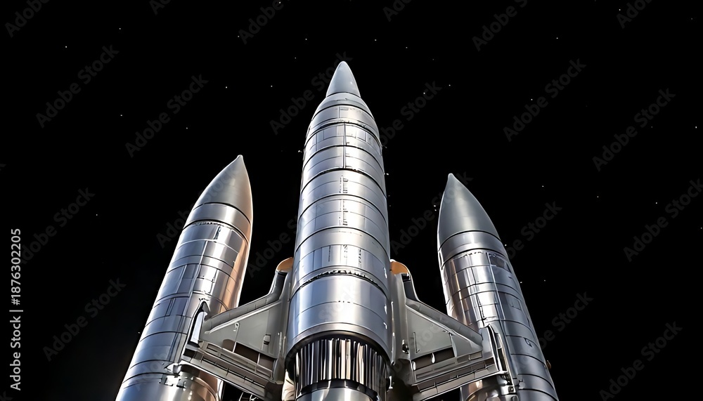 Fototapeta premium A metallic, multi-stage spacecraft, angled up against a starry black backdrop, ready for liftoff
