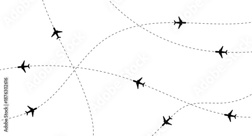 Aircraft flight path background. Airplane icon vector set. Plane flying path illustration. Air travel background design with flight path pattern. Modern airplane travel pattern vector.