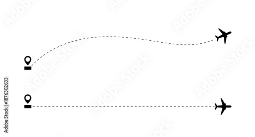 Aircraft flight path background. Airplane icon vector set. Plane flying path illustration. Air travel background design with flight path pattern. Modern airplane travel pattern vector.