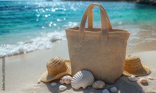Summer beach essentials: straw bag, hats, seashells on a sandy shore by turquoise sea