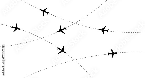 Aircraft flight path background. Airplane icon vector set. Plane flying path illustration. Air travel background design with flight path pattern. Modern airplane travel pattern vector.