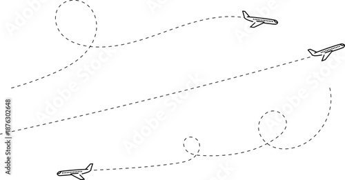 Aircraft flight path background. Airplane icon vector set. Plane flying path illustration. Air travel background design with flight path pattern. Modern airplane travel pattern vector.