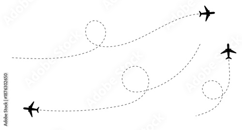 Aircraft flight path background. Airplane icon vector set. Plane flying path illustration. Air travel background design with flight path pattern. Modern airplane travel pattern vector.