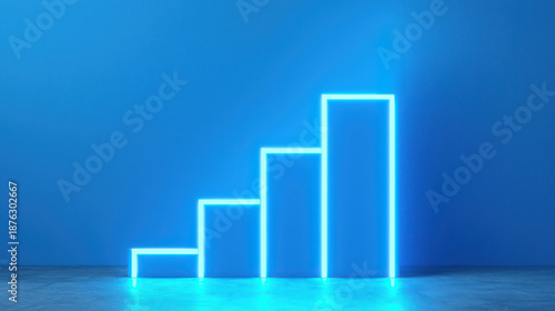 A neon blue graph displaying increasing bars on a textured floor against a solid blue background, symbolizing growth or progress.