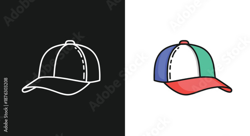 Set of baseball cap icons shown in a simple white outline and a colorful version for sports and casual headwear design.