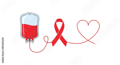 Health awareness concept featuring a blood donation bag connected to a red ribbon and a heart for AIDS and HIV support.