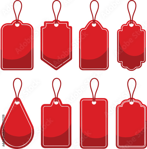Set of red ribbon isolated background. Collection of various blank red price tags and sales labels with string hangers.The image features a set of eight distinct blank red price tags or labels, each