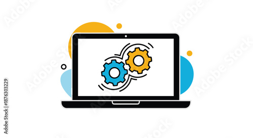 Technical support and maintenance concept showing a laptop computer with interlocking gear wheels on the screen for IT services.