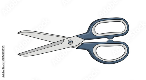 Detailed illustration of a pair of sharp stainless steel scissors with ergonomic blue plastic handles for cutting and craft work.