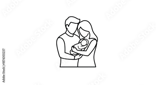 Simple black line art illustration of a young couple holding a newborn baby representing family love and new beginnings.