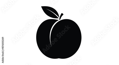 Solid black silhouette of a fresh peach with a leaf is isolated on a white background, making it a perfect graphic for fruit and food themes.
