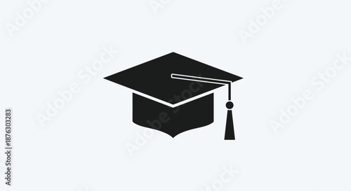 Black graduation cap icon with tassel isolated on a plain light background represents academic achievement and successful education completion.