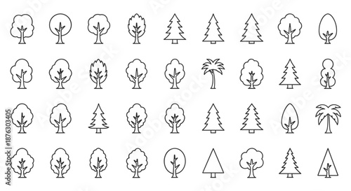 Extensive collection of diverse tree outline icons in various styles including deciduous, evergreen, and palms for forest and nature themes.