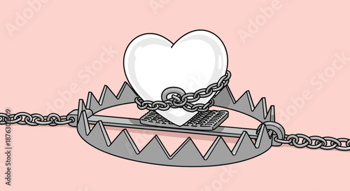 White heart trapped in a metal bear trap and secured with chains represents the pain and confinement of difficult love and broken relationships.