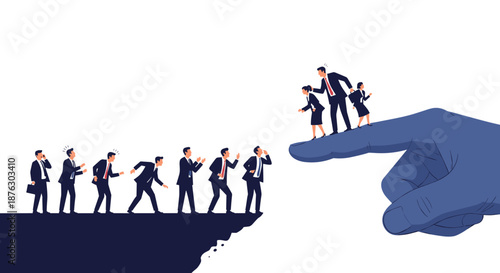 Business people are walking towards a cliff edge and being saved by a giant blue hand, illustrating concepts of support and career guidance.