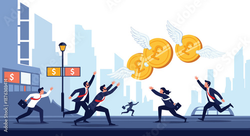 Group of business professionals are running and reaching for flying gold pound coins with wings in a city setting for financial gain concepts.