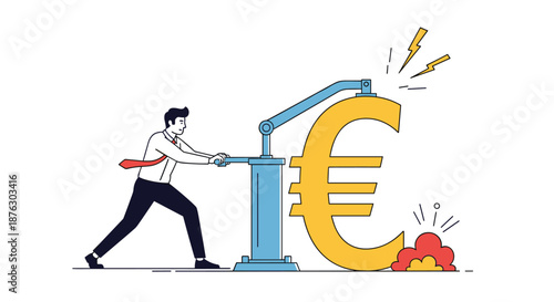 Businessman using a large industrial lever to press or move a giant gold Euro symbol represents economic power and financial market pressure.