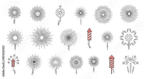 Large set of firework and rocket icons in minimalist line art style represents celebrations, festivals, holidays, and night sky displays.