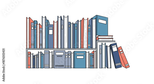 Illustration of a bookshelf packed with various books in blue and coral shades symbolizes a home library, academic study, and wide knowledge.