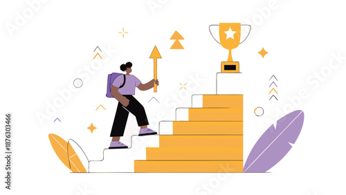 Young woman climbing stairs to success with trophy and achievement symbols