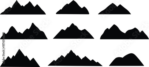 Mountain silhouette. Ridge peak, summit range or cliff massif, alpine terrain and canyon landscape. Black outline minimal mountains shape for banner border and scenic backdrop. Isolated vector set