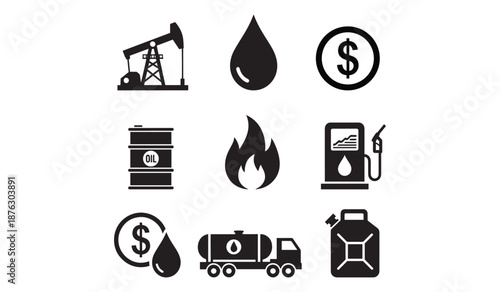 Black icons of oil and gas industry on white background