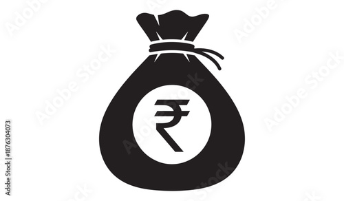 Black money bag with indian rupee symbol isolated on white background