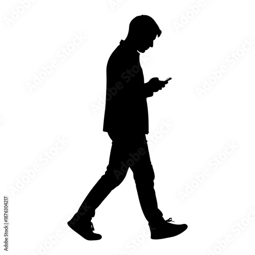 Silhouette of a man walking while looking at his mobile phone Vector