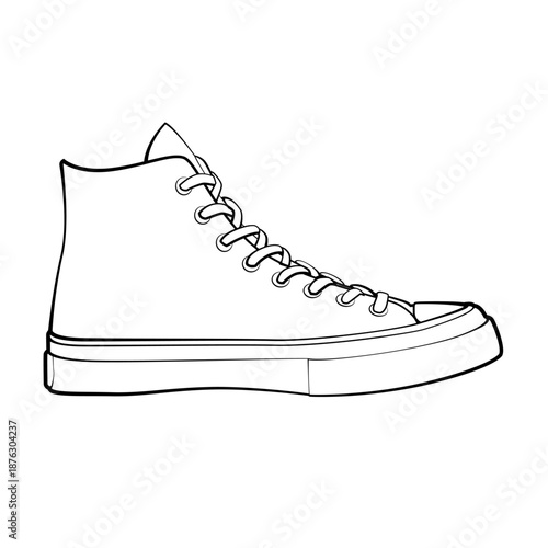 Side view of a high top sneaker. Vector line art of a canvas sport shoe isolated on white. Black and white outline design for coloring books and icons.