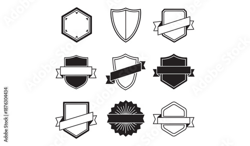 Set of black and white shield and badge icons with ribbons