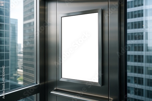 Blank advertisement screen in elevator of modern office building with city skyscrapers visible through glass wall during daytime concept. Ai generative