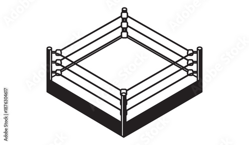 Black and white boxing ring with ropes and corner posts