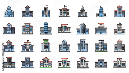 Collection of various city buildings icons.