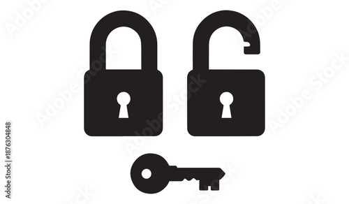 Black padlocks and key isolated on white background