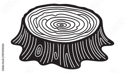 Black and white tree stump isolated on white background