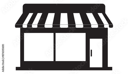 Black and white storefront with striped awning isolated on white background
