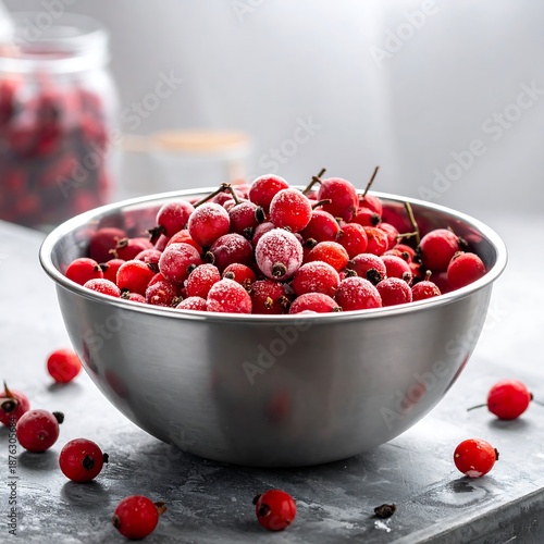 Iced rosehips fill a metal bowl on a gray surface. Some berries scattered around the bowl and out-of-focus jar