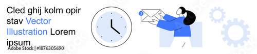 Email communication, time tracking, productivity, work management, organization, workflow processes. Clock, person holding an envelope gears. Email communication and time tracking