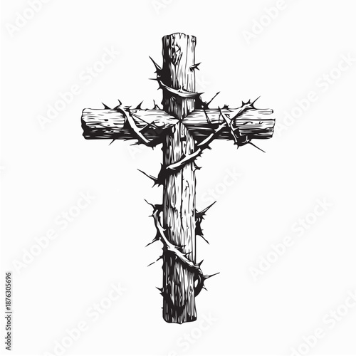 Vintage wooden cross with vines and leaves, religious Christian symbol vector
