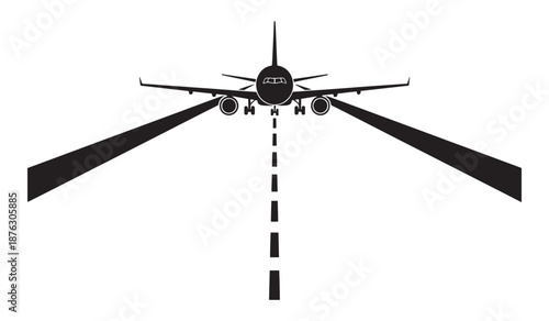 Airplane flying down a runway isolated on white background
