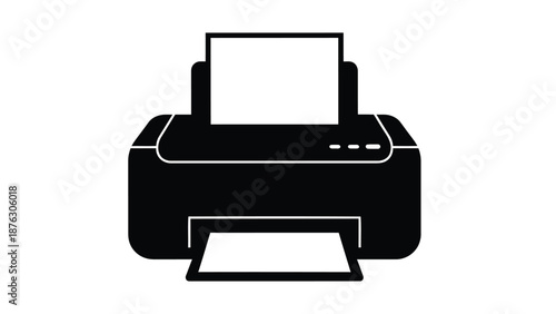Black and white illustration of a desktop printer with paper tray
