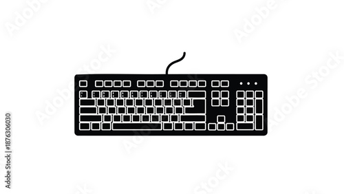 Computer keyboard with wire on white background black and white illustration office technology